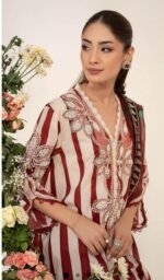Elegant White & Maroon 3-Piece Embroidered Lawn Suit with Dhaka Pajama - Image 11
