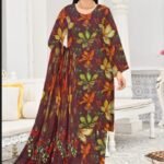 Digital Printed Lawn 3-Piece Suit Dark Brown Color