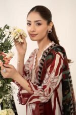 Elegant White & Maroon 3-Piece Embroidered Lawn Suit with Dhaka Pajama - Image 2