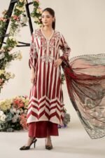 Elegant White & Maroon 3-Piece Embroidered Lawn Suit with Dhaka Pajama