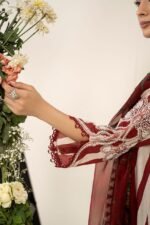 Elegant White & Maroon 3-Piece Embroidered Lawn Suit with Dhaka Pajama - Image 6