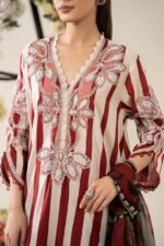 Elegant White & Maroon 3-Piece Embroidered Lawn Suit with Dhaka Pajama - Image 5
