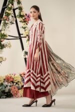 Elegant White & Maroon 3-Piece Embroidered Lawn Suit with Dhaka Pajama - Image 4